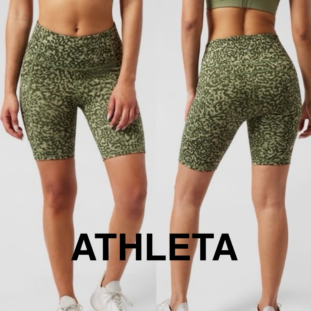 Athleta Ultimate Stash Shorts in a green camouflage print